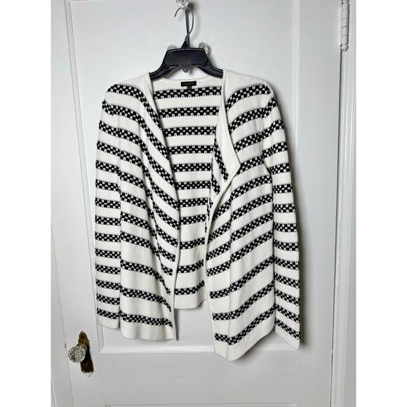 Talbots Black White Striped Chunky Rolled Neck Open Cardigan Sweater Small Chic - Picture 1 of 8